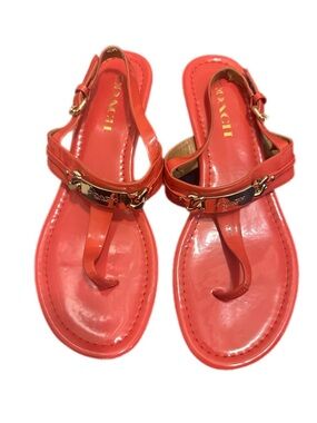 Coach Caterine Patent Leather T-Strap Sandals in Coral with Gold Hardware